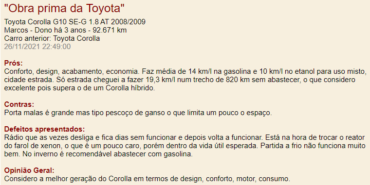 Opiniao de dono Toyota Corolla